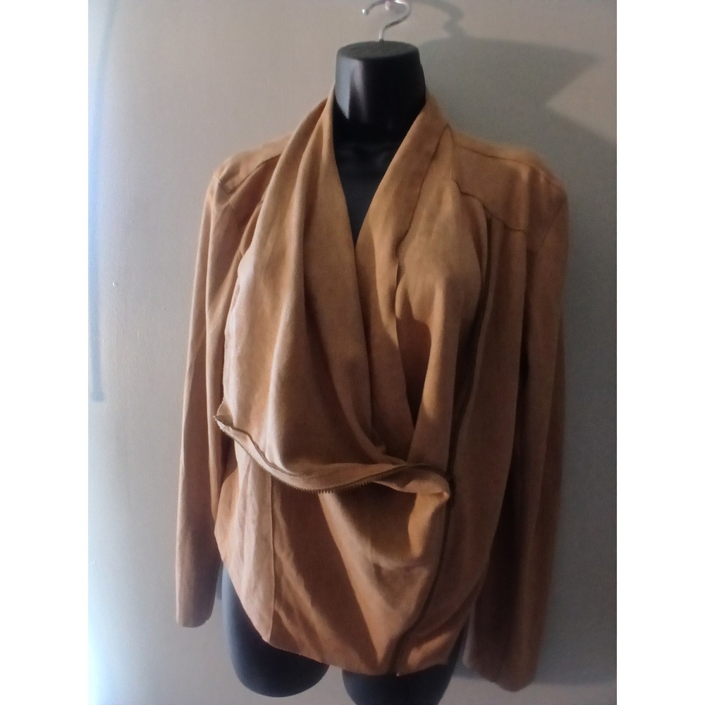 Mod Ref Tan Faux Suede Draped Asymmetrical Zip Front Jacket Womens Large - Picture 7 of 9